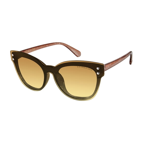 U.S. POLO ASSN. Women's Cat-Eye Back Frame Glittered Shield Sunglasses with Studded Lens Detail, Translucent Colored Arms & 100% UV Protection, 140 mm