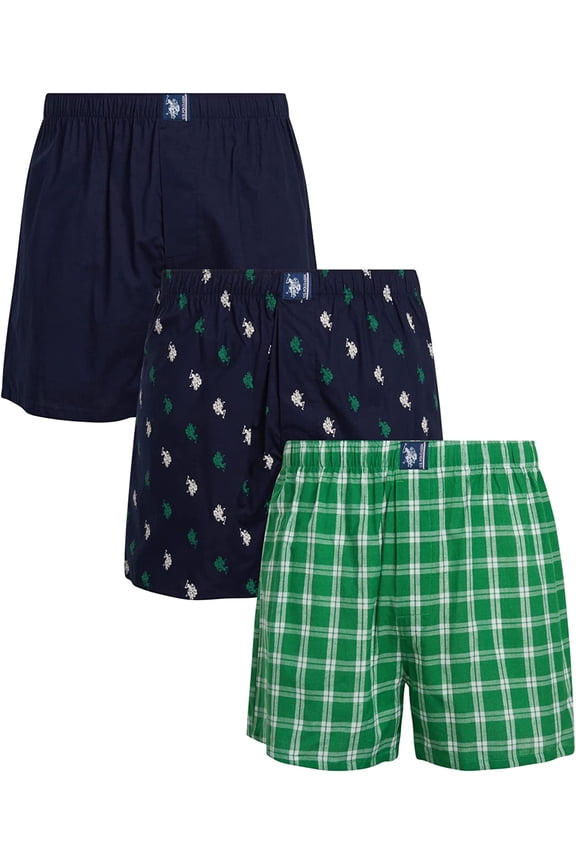 U.S. POLO MEN'S PACK 3 - 223 GREEN NAVY LARGE -UNDERWEAR WOVEN BOXER COTTON P100