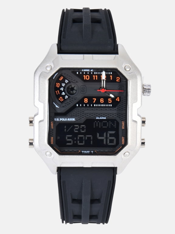 Men's Dual Display Analog and Digital Silverone Square Case Watch with Black Silicone Strap