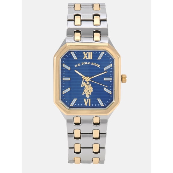 U.S. Polo ASSN. Men's Two- Tone Square Case Analog Watch with Matching Bracelet and Blue Dial