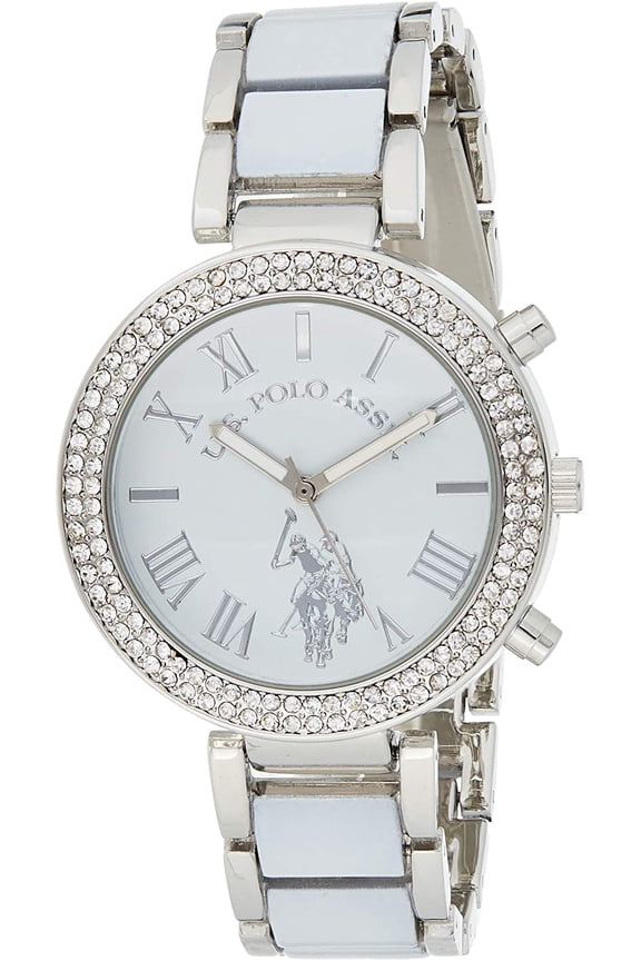 Adult Female Watch in White and Silver with Round Case and Stones in the Bezel. - USC40086