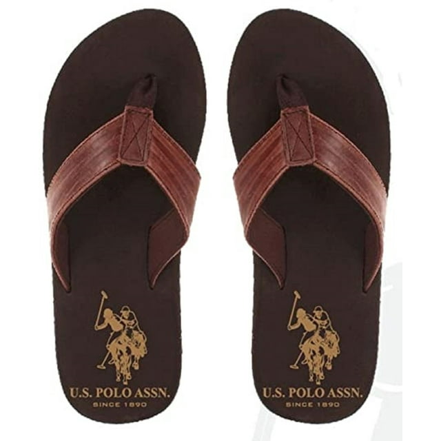 U.S. Polo Assn. Adult Men Premium Brown Leatherette Water Friendly Sandal Flip Flop Thong (Size Small)