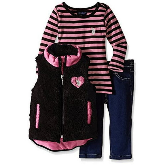 U.S. Polo Assn. Baby Girls' Newborn Striped Long Sleeve T-Shirt Vest and Jean, Black, 24 Months
