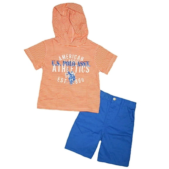 U.S. Polo Assn. Baby Infant Boy's Orange Striped Short Sleeved Hoodie and Blue Pants (18 Months)