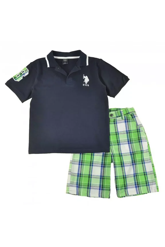 U.S. Polo Assn Big Boys Classic Navy Polo & Plaid 2pc Short Set, 12