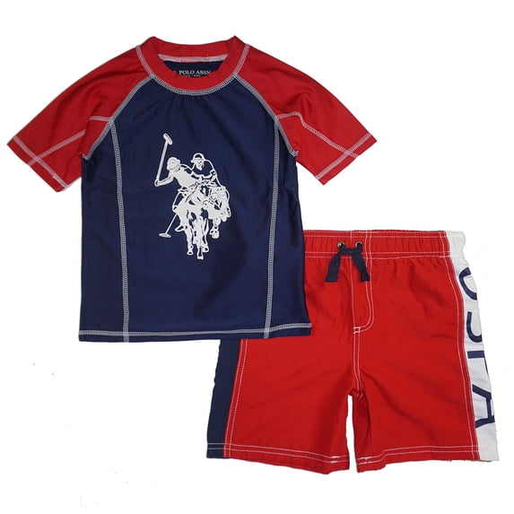 U.S. Polo Assn. Boys' 2-Piece Swimsuit Trunk and Rashguard, Red 12M