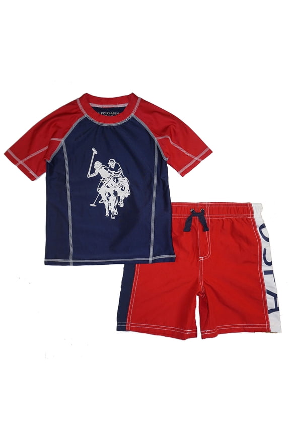 Boys' 2-Piece Swimsuit Trunk and Rashguard, Red 2T