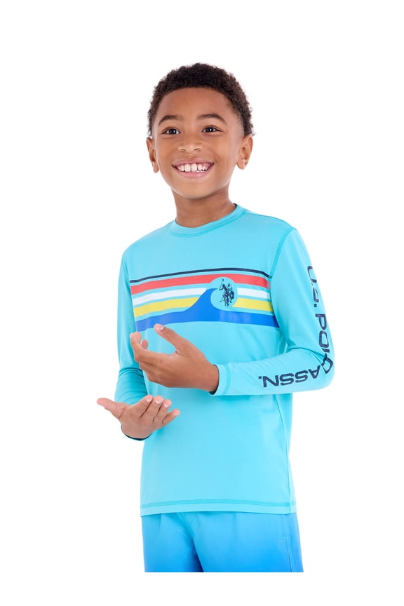 U.S Polo Assn. Boys Long Sleeve Chest Stripe Rashguard, Sizes 4-18