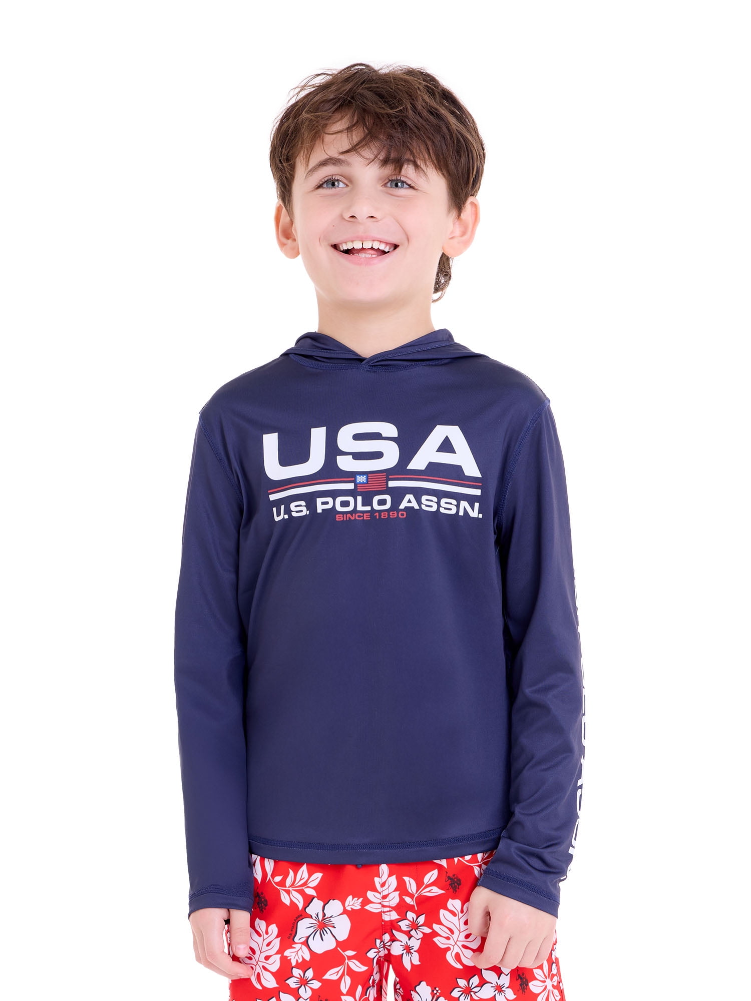U.S. Polo Assn. Boys Long Sleeve Hooded Flag Graphic Rashguard, Sizes 4-18