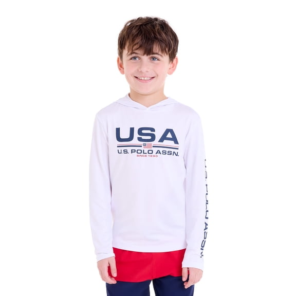 U.S Polo Assn. Boys Long Sleeve Hooded Flag Graphic Rashguard, Sizes 4-18