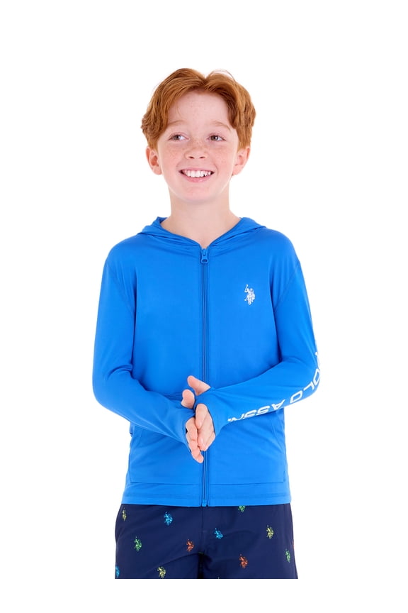 U.S Polo Assn. Boys Long Sleeve Hooded Zip-Up Rashguard, Sizes 4-18