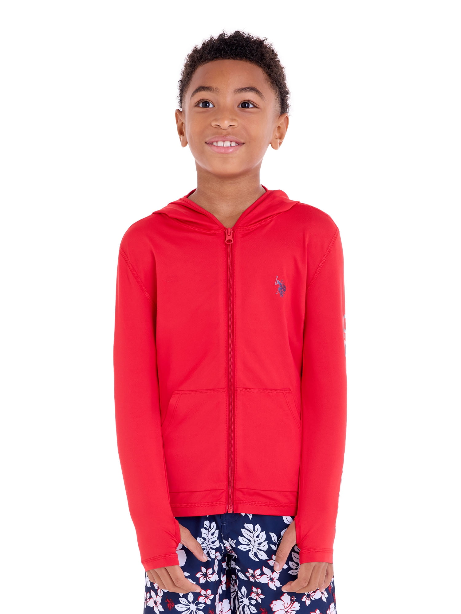 U.S. Polo Assn. Boys Long Sleeve Hooded Zip-Up Rashguard, Sizes 4-18