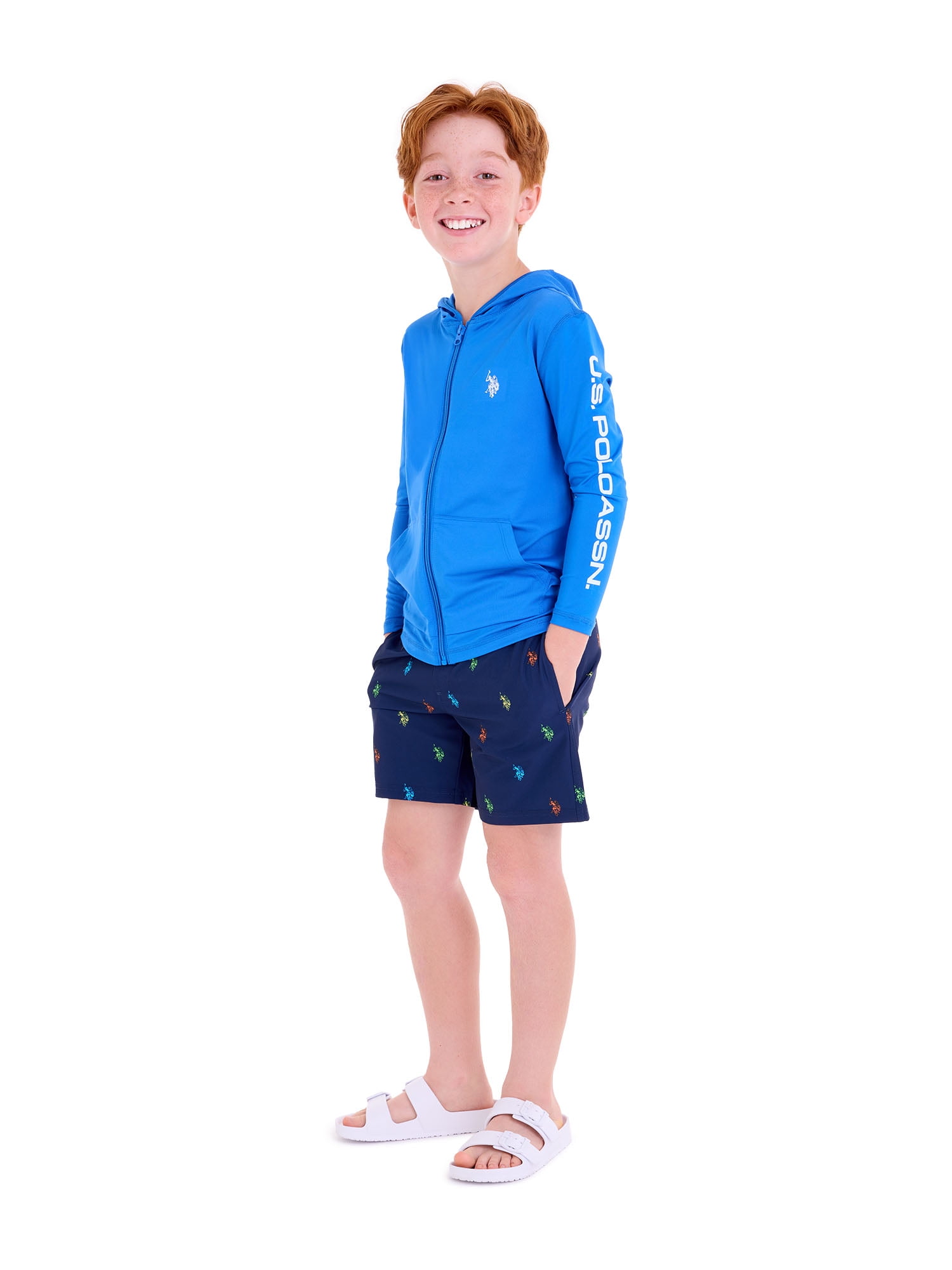 U.S. Polo Assn. Boys Long Sleeve Hooded Zip-Up Rashguard, Sizes 4-18