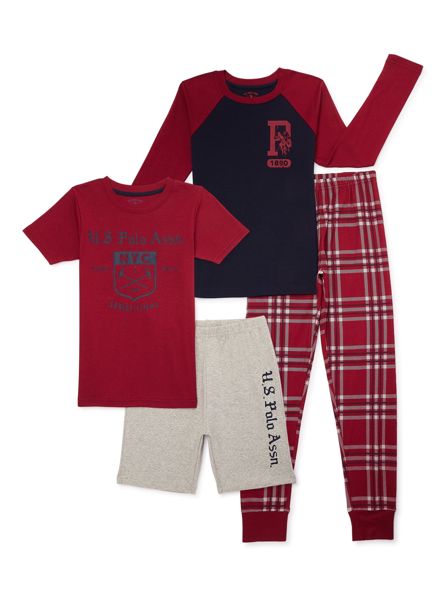 U.S. Polo Assn. Boys Mixed Short and Long Sleeve Pajama Set 4 Piece Set Sizes 7 16
