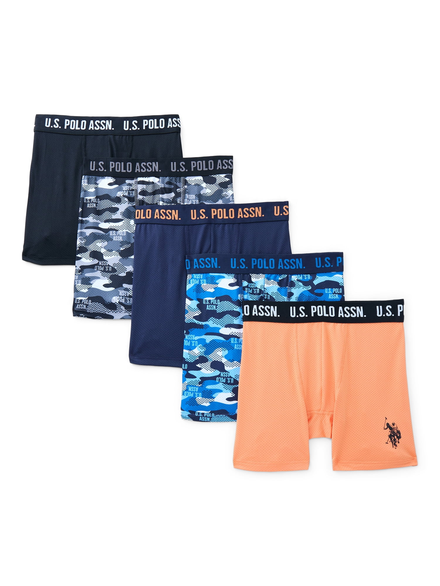 U.S. Polo Assn. Boys Performance Mesh Tagless Boxer Briefs, 5-Pack, Sizes S-XXL