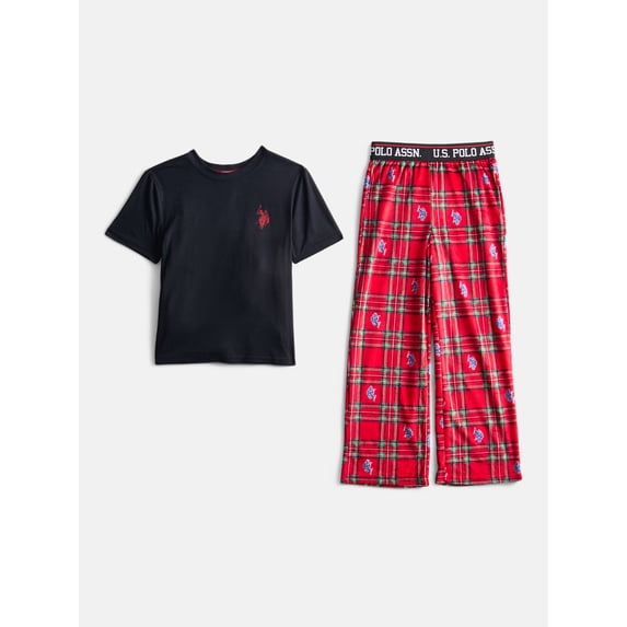 U.S. Polo Assn. Boys Short Sleeve Crew Top & Minky Pant Pajama Set, 2-Piece Sleep, Sizes S-XXL