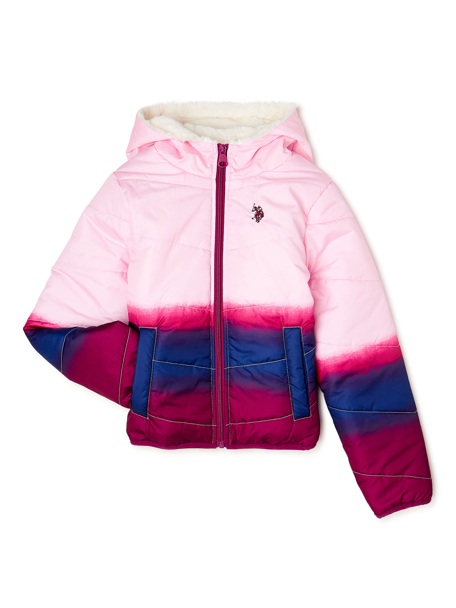 U.S. Polo Assn. Girls’ Dip-Dye Hooded Puffer Jacket with Faux Fur Lining, Sizes 4-16 - image 1 of 3