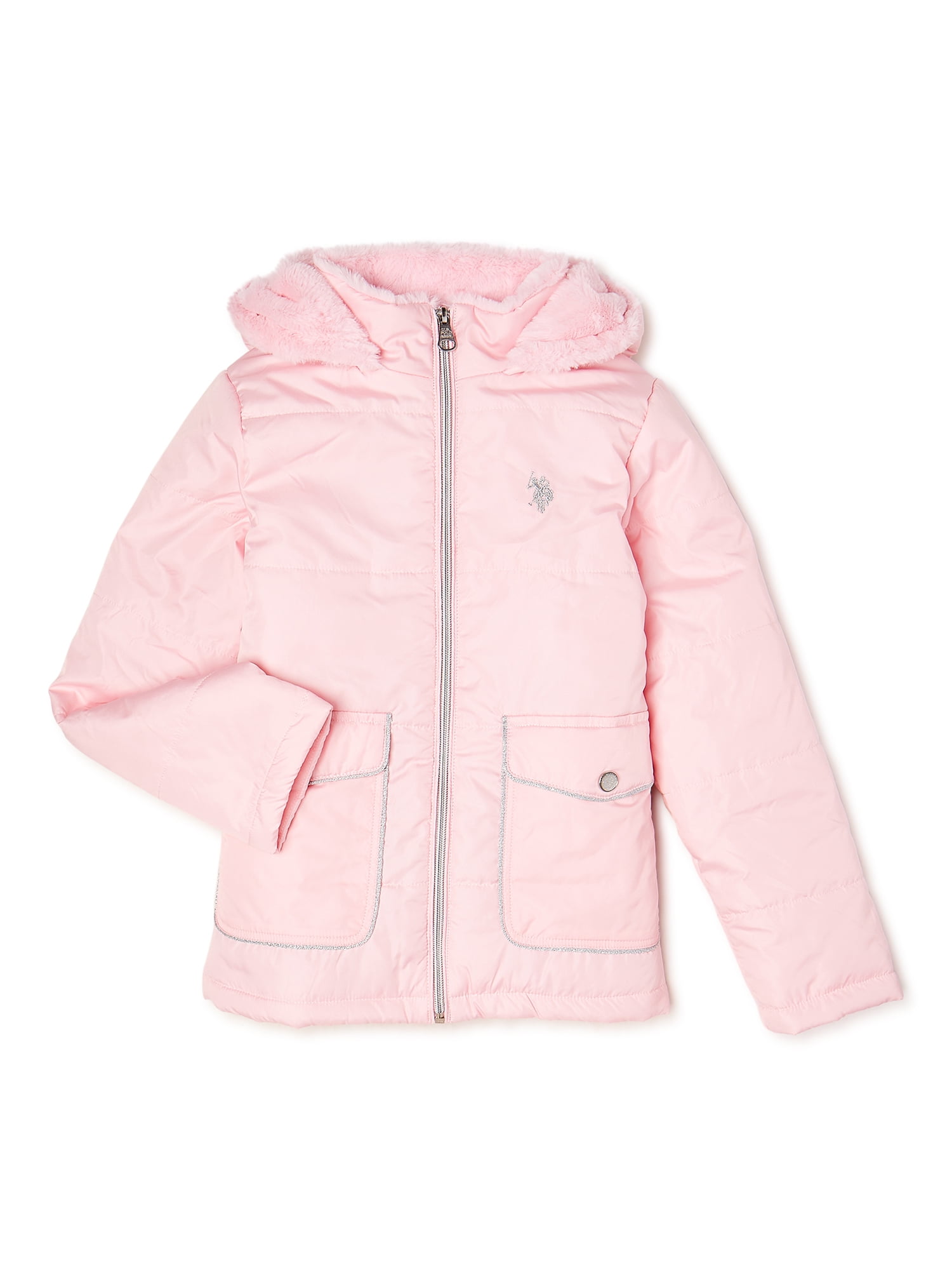 U.S. Polo Assn. Girls’ Hooded Puffer Jacket with Metallic Trim and Faux ...