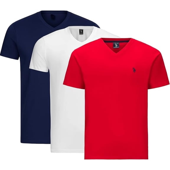 U.S. Polo Assn. Men's 3-Pack Solid V-Neck Short Sleeve T-Shirt, T-Shirt, Classic Navy/White/Engine Red, Medium
