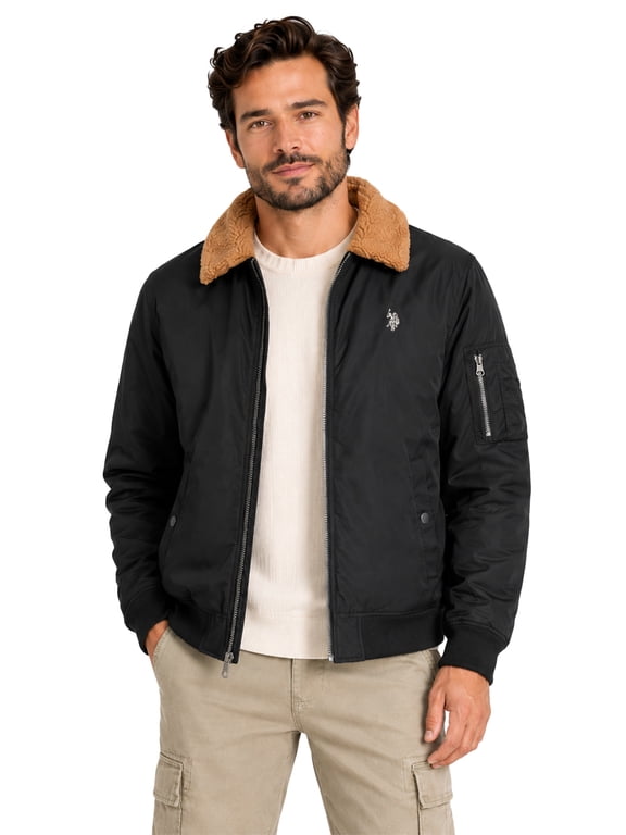 Men's Black Faux Shearling Collar Bomber , S-3XL