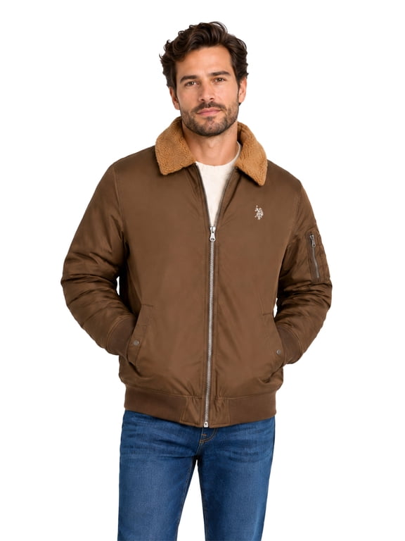 Men's Brown Maple Faux Shearling Collar Bomber , S-3XL