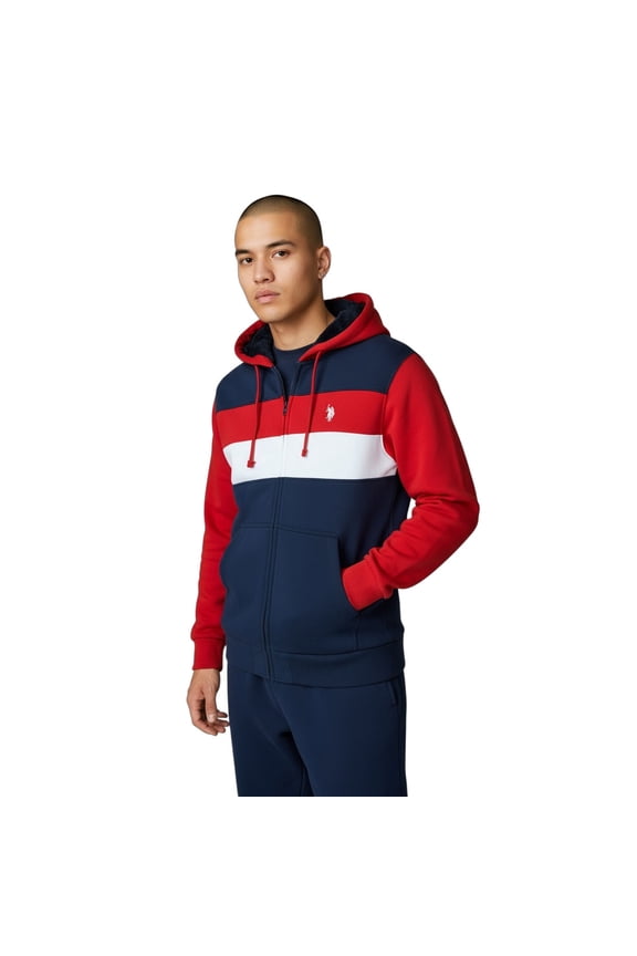 Men's Color Block High Pile Fleece Hooded Sweatshirt, Classic Navy, Large