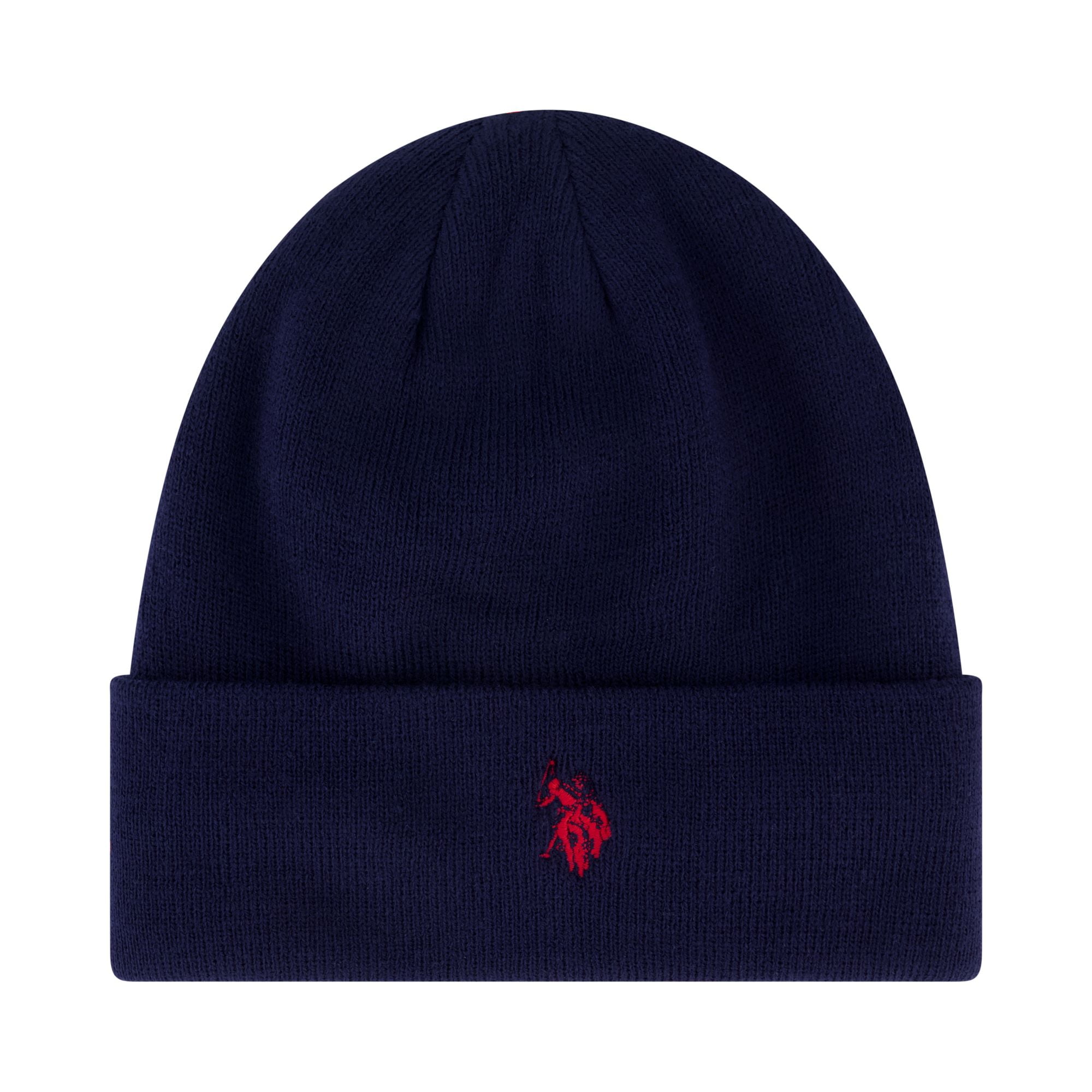U.S. Polo Assn. Men's Fleece-Lined Acrylic Beanie with Sherpa Lining, Navy Cap, Red DHM Logo, OSFM