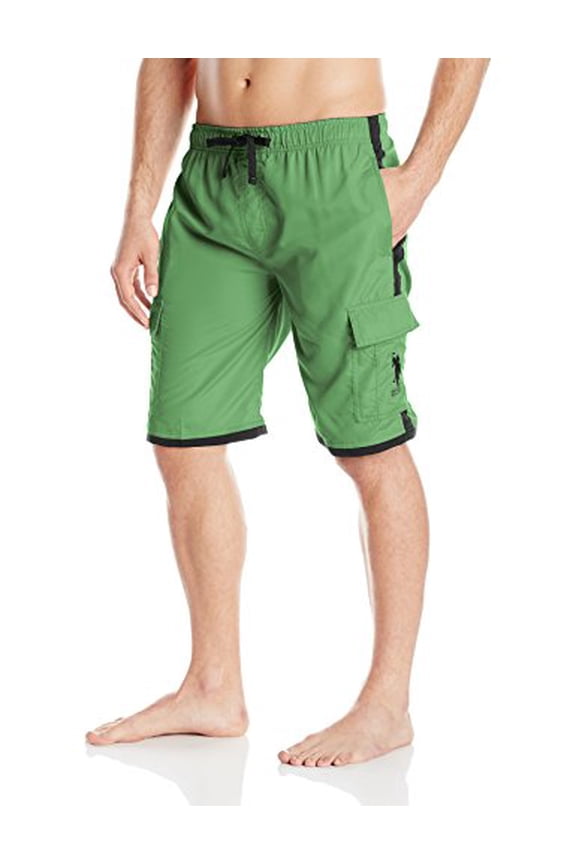Men's Side-Stripe Cargo Green/Navy Swim Short/Trunks, Large