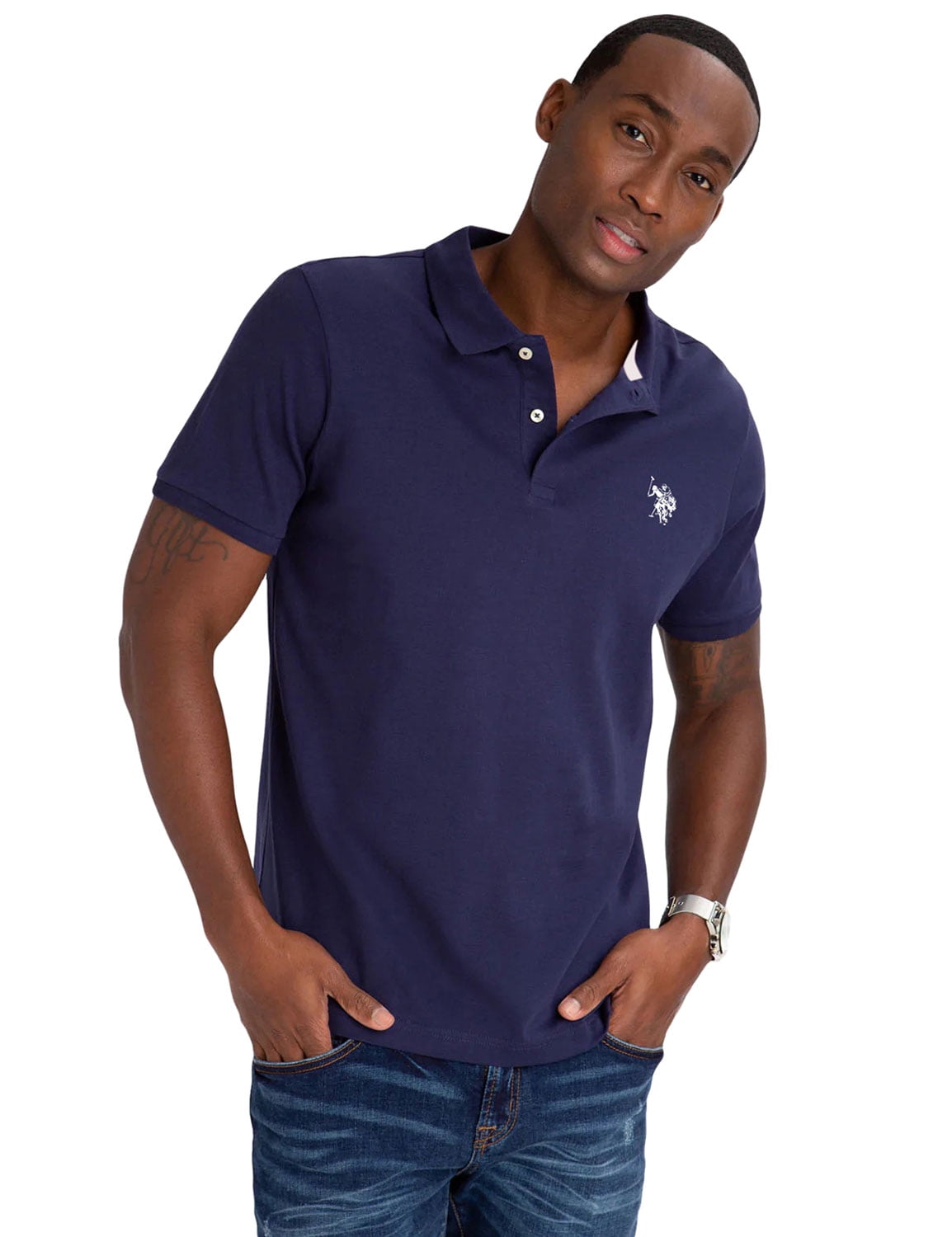 U.S. Polo Assn. Men's Solid Interlock Polo Navy/White Large
