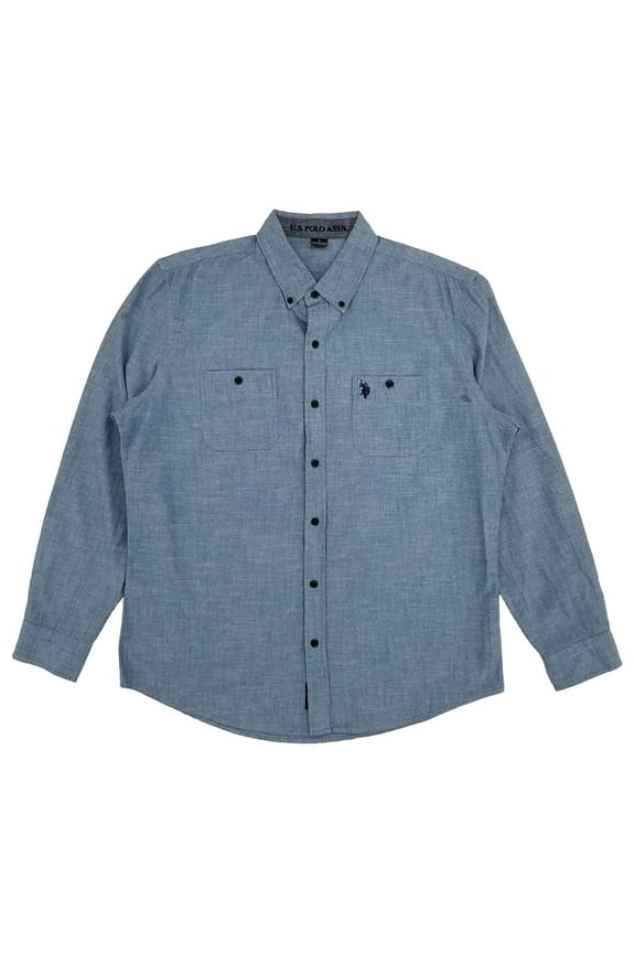 Mens Chambray Blue Long Sleeve Button-Down Shirt Large