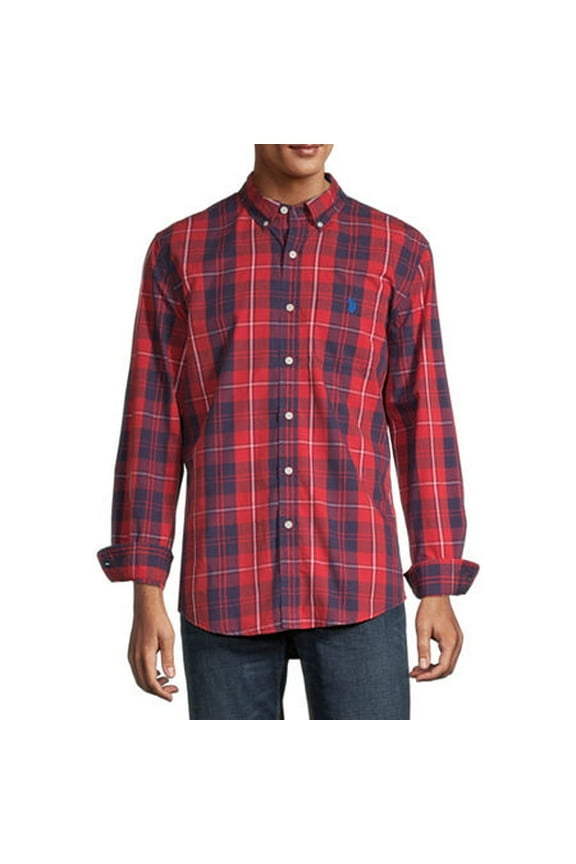 Mens Classic Fit Long Sleeve Plaid Button-Down Shirt, Medium, Red
