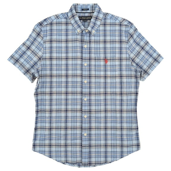 U.S. Polo Assn. Mens Classic Navy Plaid Short Sleeve Button-Down Shirt Medium