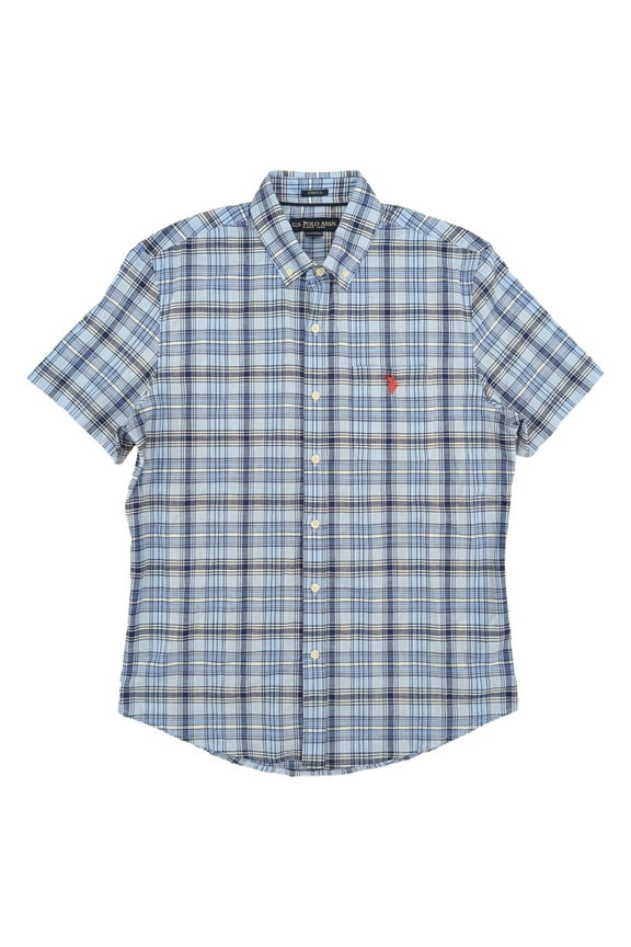 Mens Classic Navy Plaid Short Sleeve Button-Down Shirt Medium
