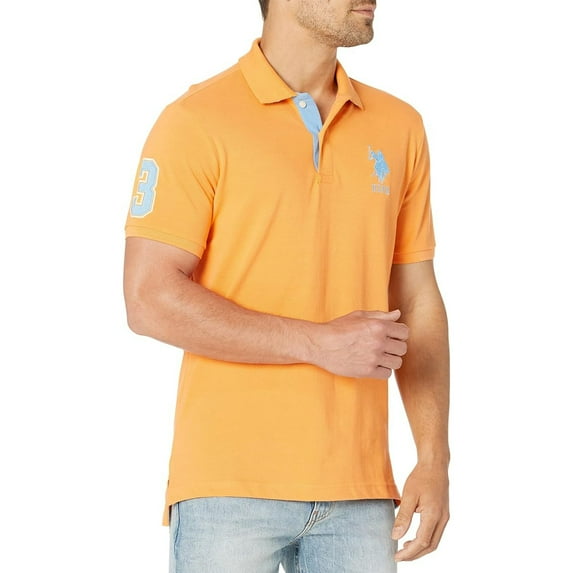 U.S. Polo Assn. Mens Slim Fit Short Sleeve Polo Shirt with Applique, Blazing Orange, Large