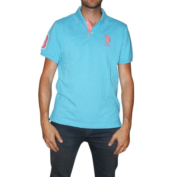 U.S. Polo Assn. Mens Slim Fit Short Sleeve Polo Shirt with Applique, Blue Fin Heather, X-Large