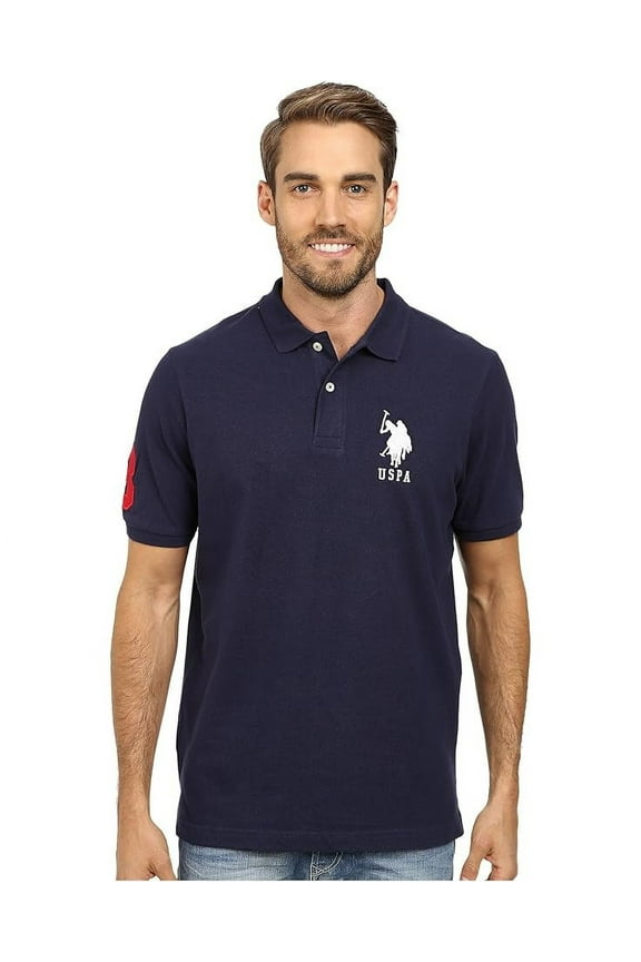 Mens Slim Fit Short Sleeve Polo Shirt with Applique, Classic Navy/White, Small