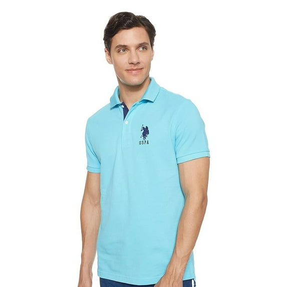 U.S. Polo Assn. Mens Slim Fit Short Sleeve Polo Shirt with Applique, Horizon Blue, Large