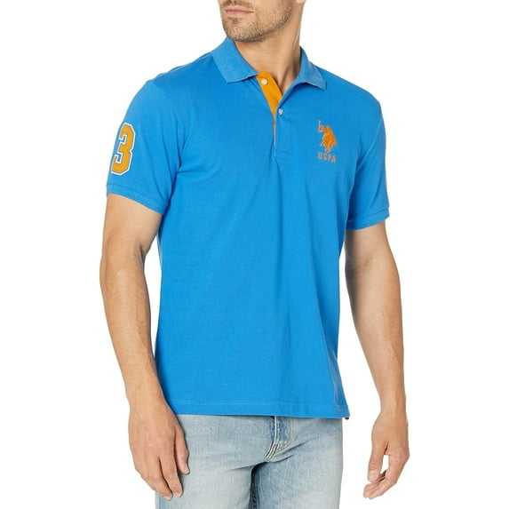 U.S. Polo Assn. Mens Slim Fit Short Sleeve Polo Shirt with Applique, Super Sonic Blue, Large