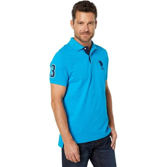 U.S. Polo Assn. Mens Slim Fit Short Sleeve Polo Shirt with Applique, Teal Blue, X-Large