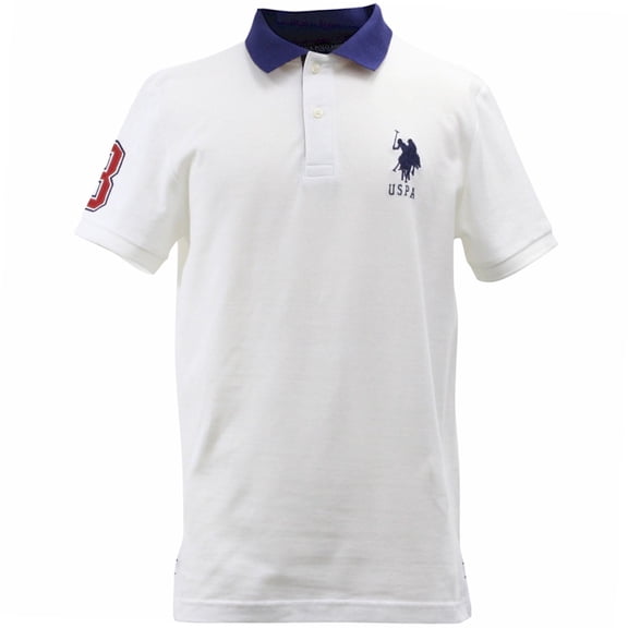 U.S. Polo Assn. Mens Slim Fit Short Sleeve Polo Shirt with Applique, White/Dodger Blue, Medium