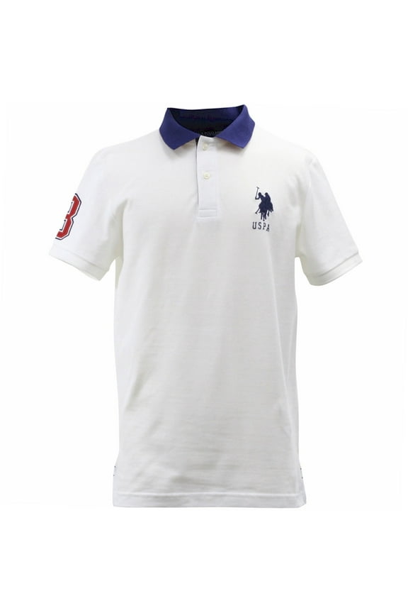 Mens Slim Fit Short Sleeve Polo Shirt with Applique, White/Dodger Blue, Medium