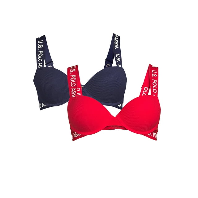 U.S. Polo Assn. Women's 2 Pack Tag-Free Ribbed Cotton Spandex Push Up Bra Set