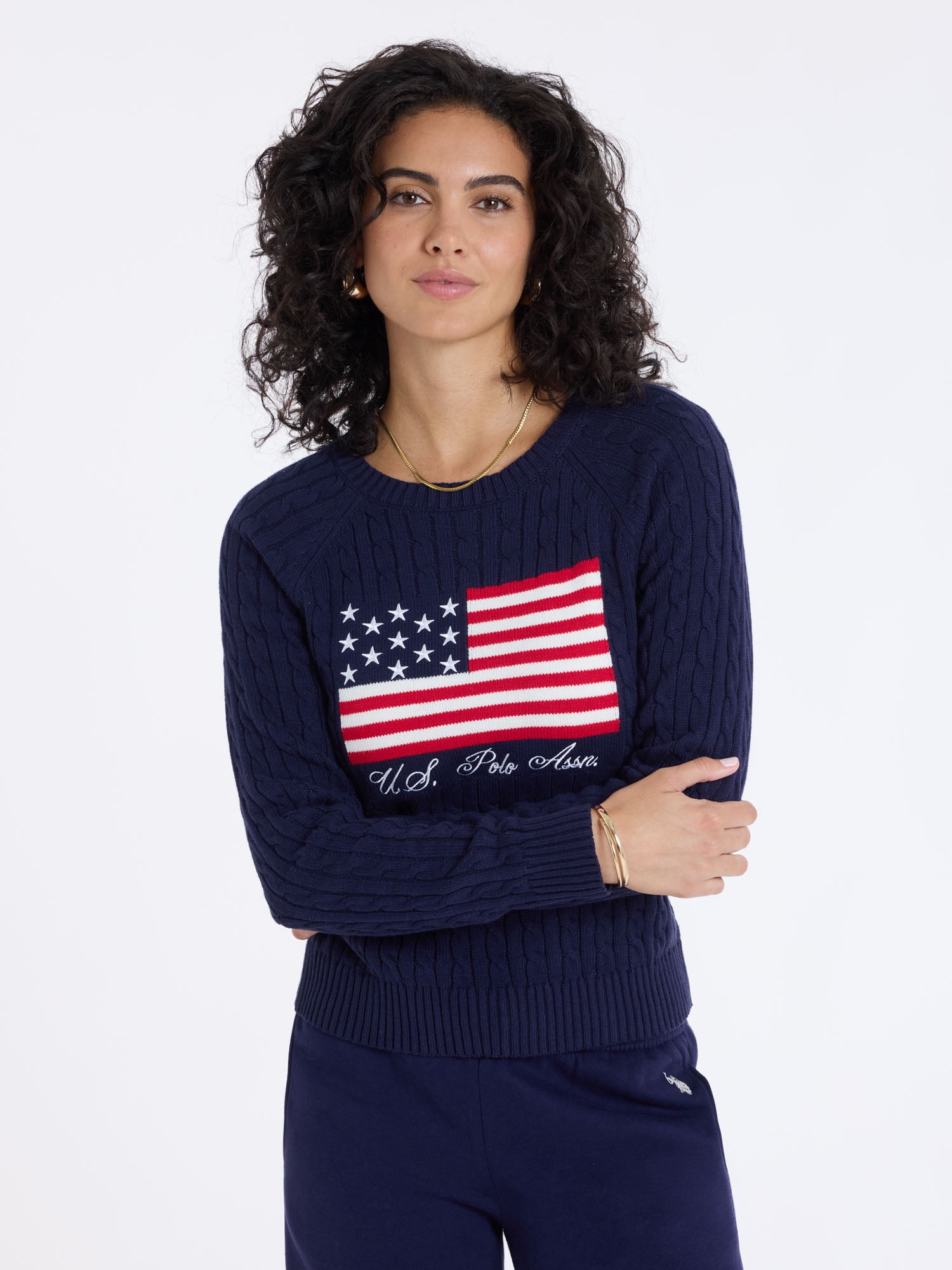 U.S. Polo Assn. Women's Cable Raglan Flag Sweater