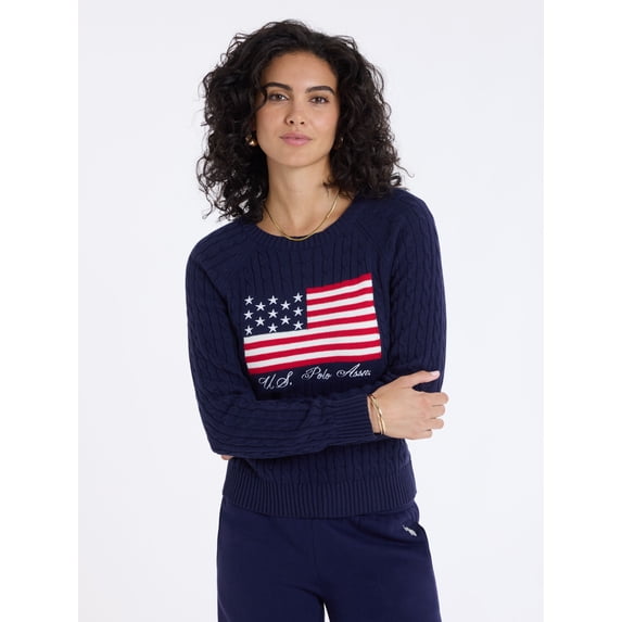 U.S. Polo Assn. Women's Cable Raglan Flag Sweater