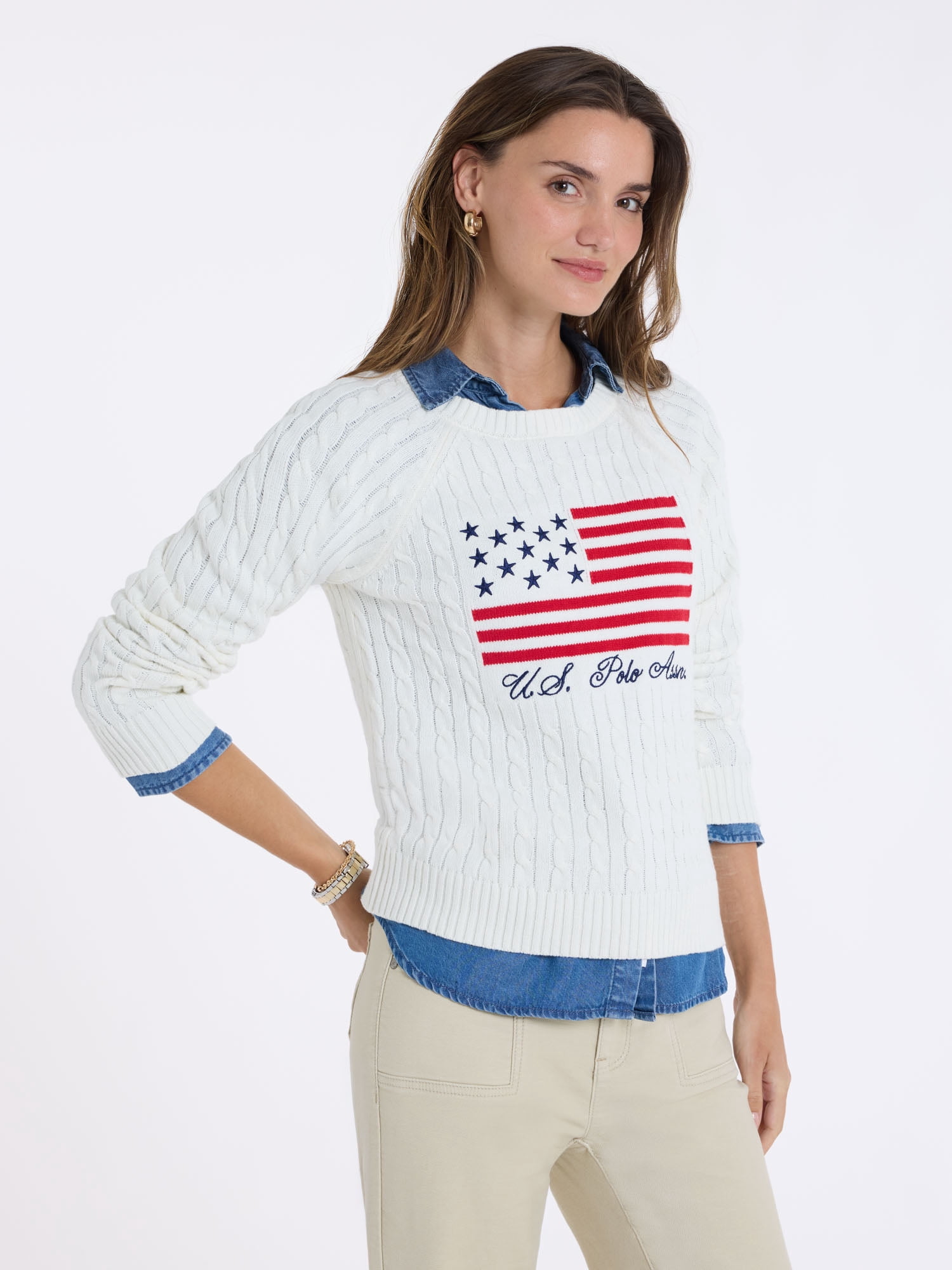 U.S. Polo Assn. Women's Cable Raglan Flag Sweater