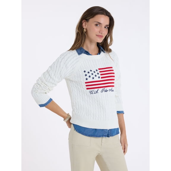 U.S. Polo Assn. Women's Cable Raglan Flag Sweater