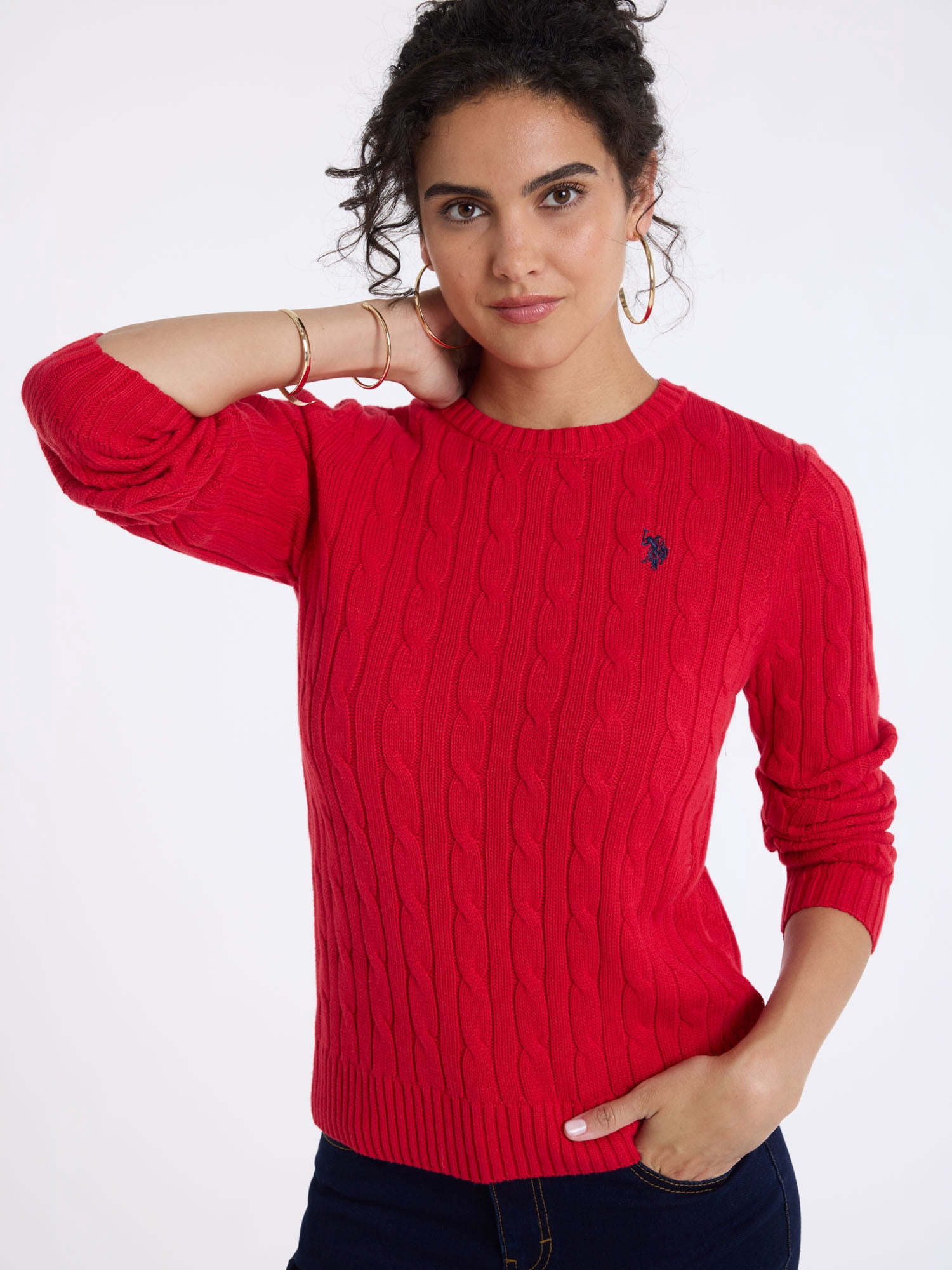 U.S. Polo Assn. Women's Classic Cable Crew Neck Sweater, Sizes XS-XL
