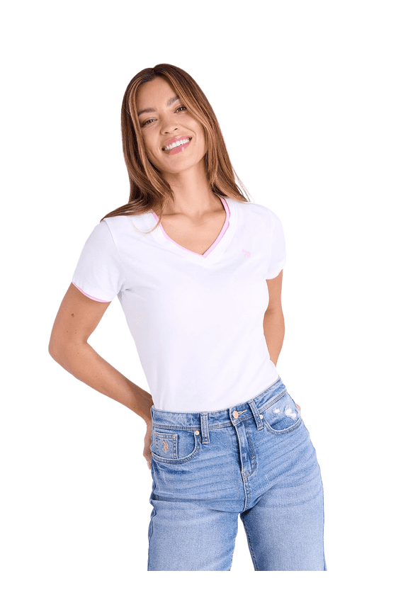Women's Double Band V-Neck T-Shirt, White, X-Large