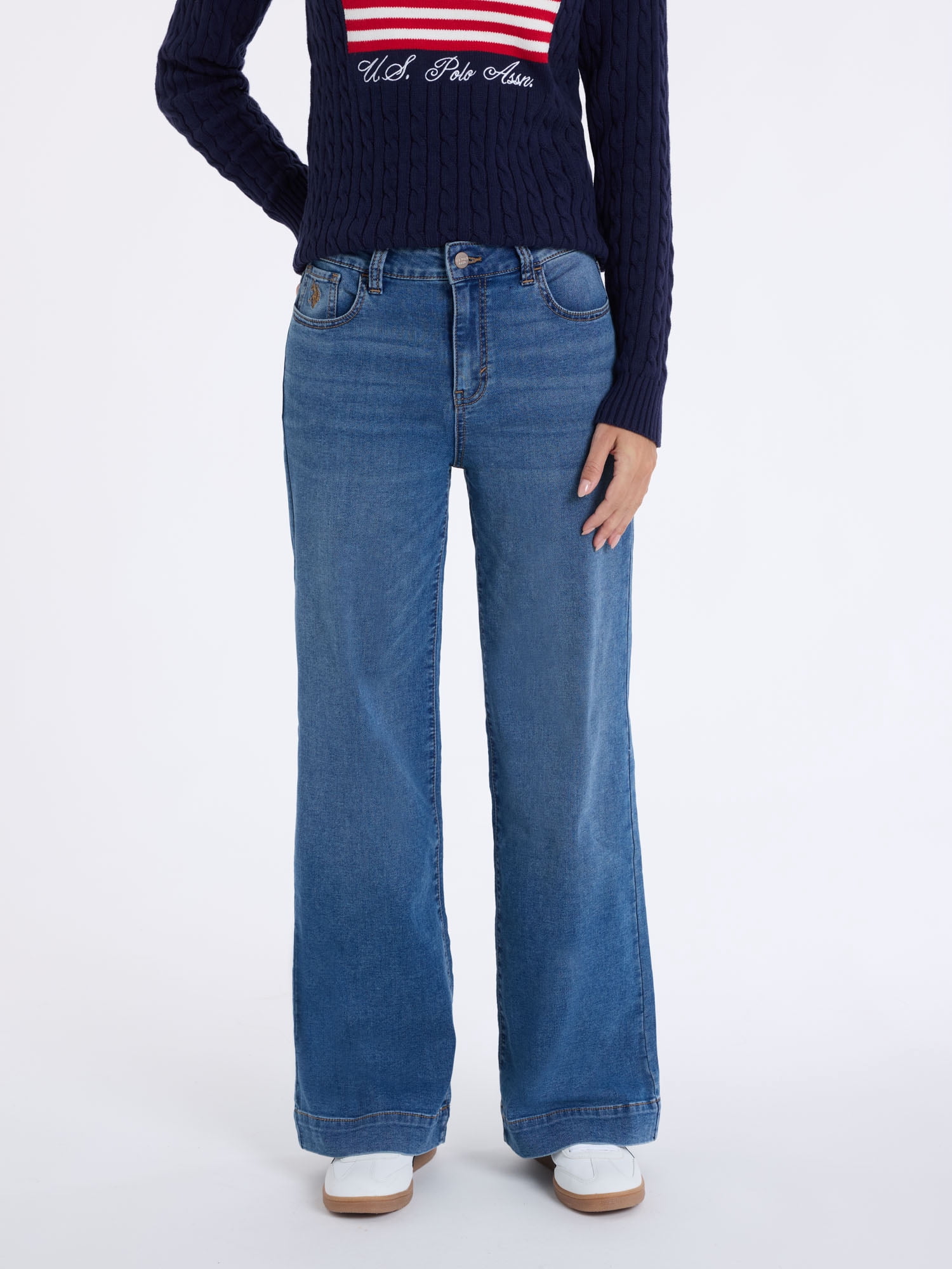 U.S. Polo Assn. Women's High Rise Relaxed Knit Denim Wide Leg Jeans