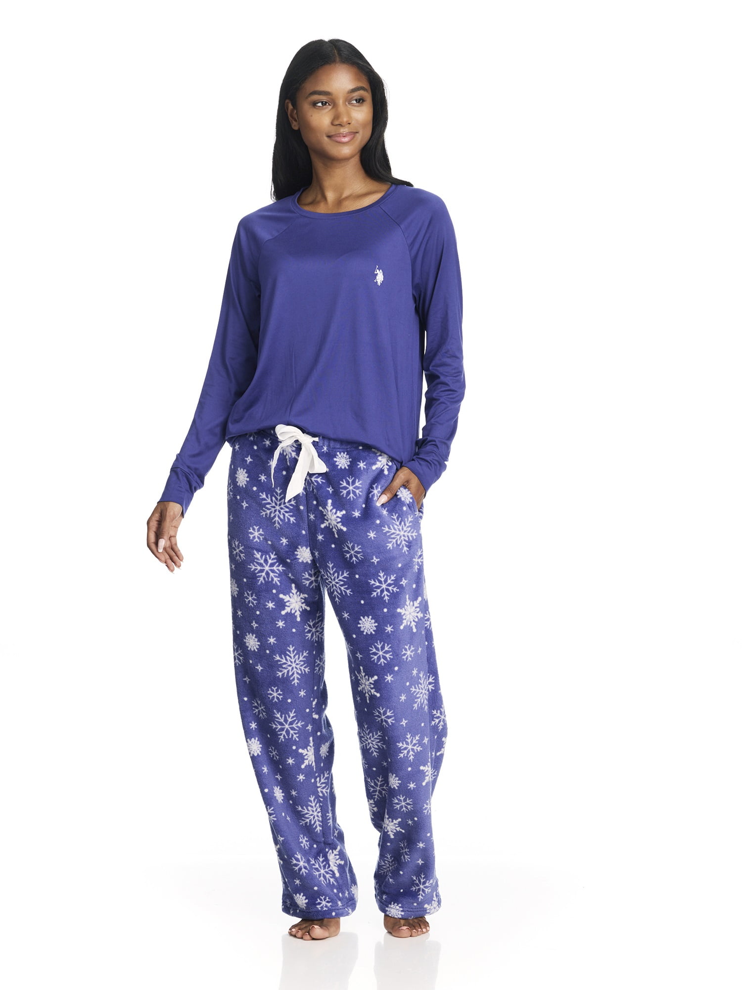 U.S. Polo Assn. Women's Holiday Giftable Long Sleeve Top and Plush Pant Pajama Sleep Set, 2-Piece, Sizes S-3X